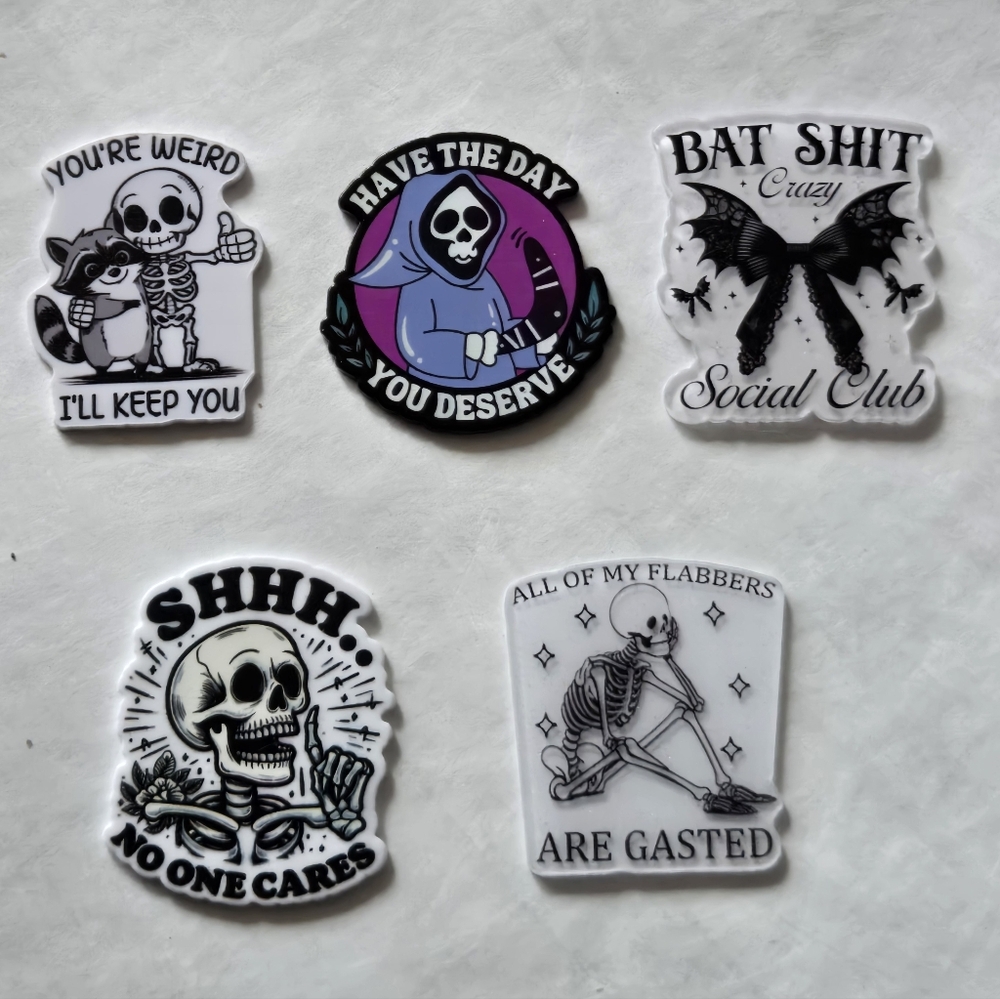 Set of 5 Funny Skull Social Magnets Flabbers are Gasted Goth Humorous Handmade